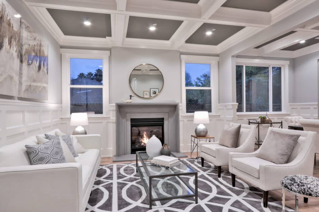 Saratoga fireplace with couch front view