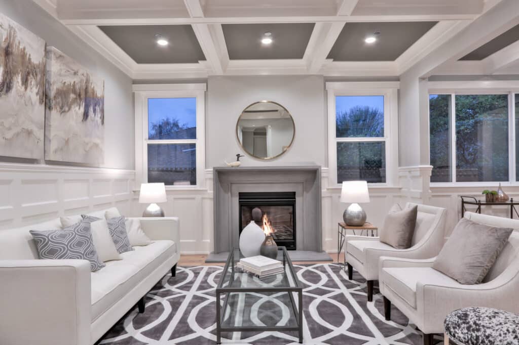Saratoga fireplace with couch front view