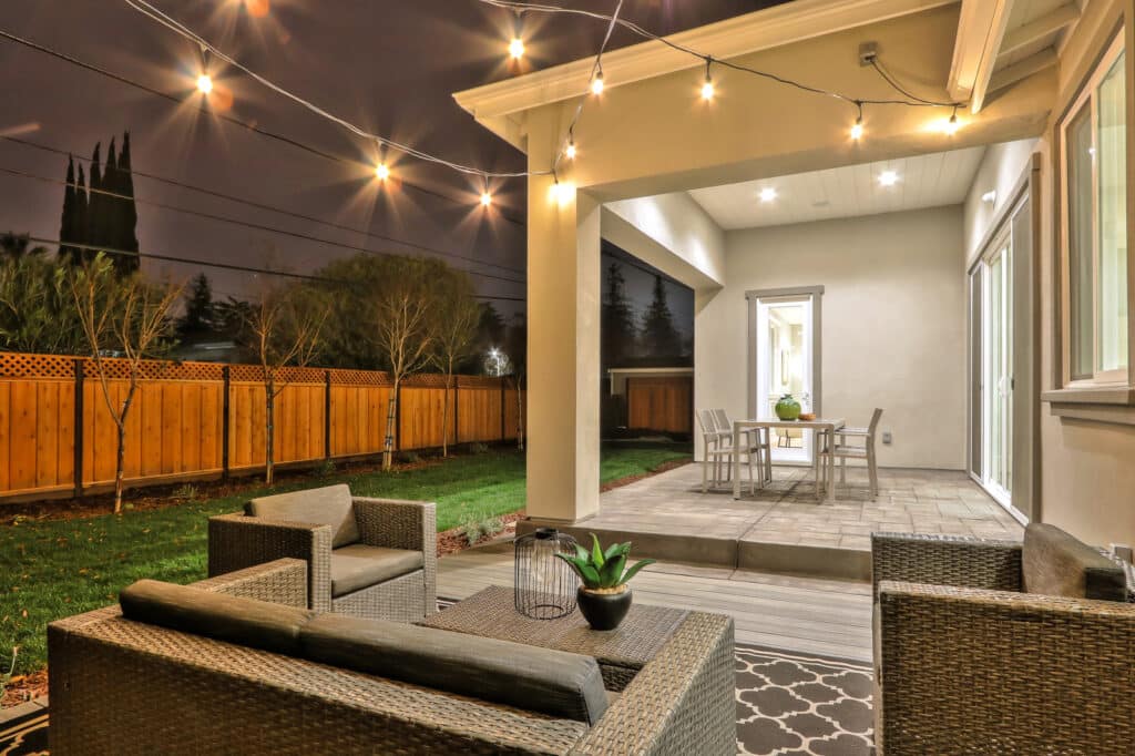 Saratoga lawn view with chairs and lighting