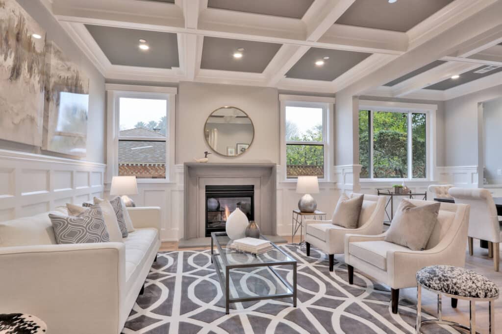Saratoga fireplace view with couch