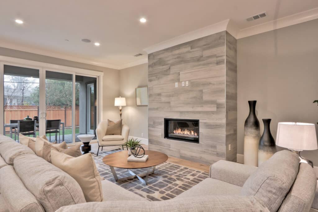 Saratoga living area with fireplace