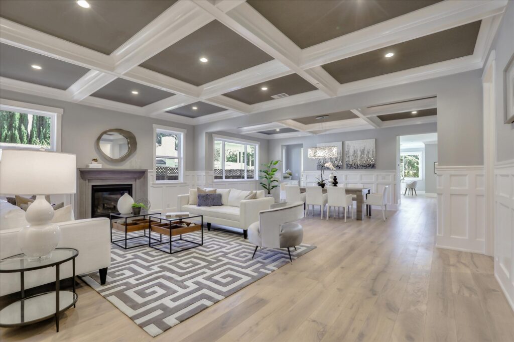 Los Gatos living area with fireplace side view